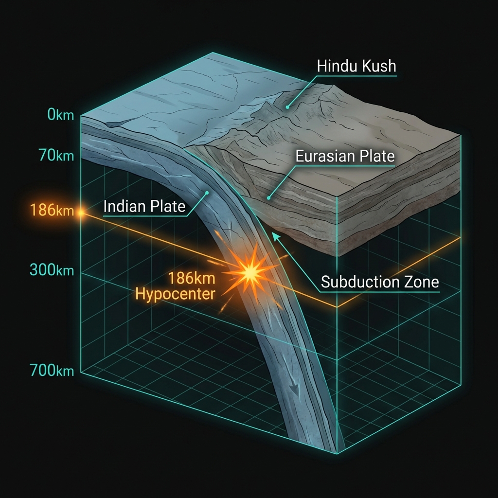 Diagram showing the India-Eurasia plate collision and subduction zone beneath the Hindu Kush with depth markers