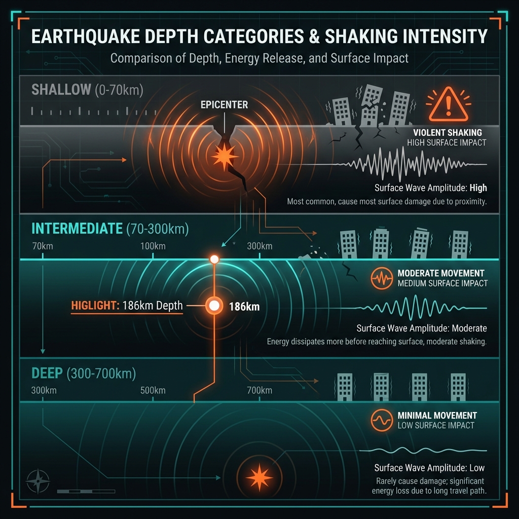 Infographic comparing shallow, intermediate, and deep earthquake depths showing energy dissipation