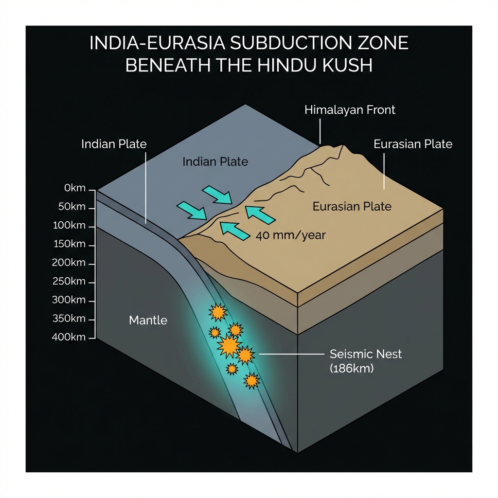 Diagram showing the Indian Plate subducting beneath the Eurasian Plate, highlighting the seismic nest zone at 186 kilometers depth where intermediate-depth earthquakes occur.