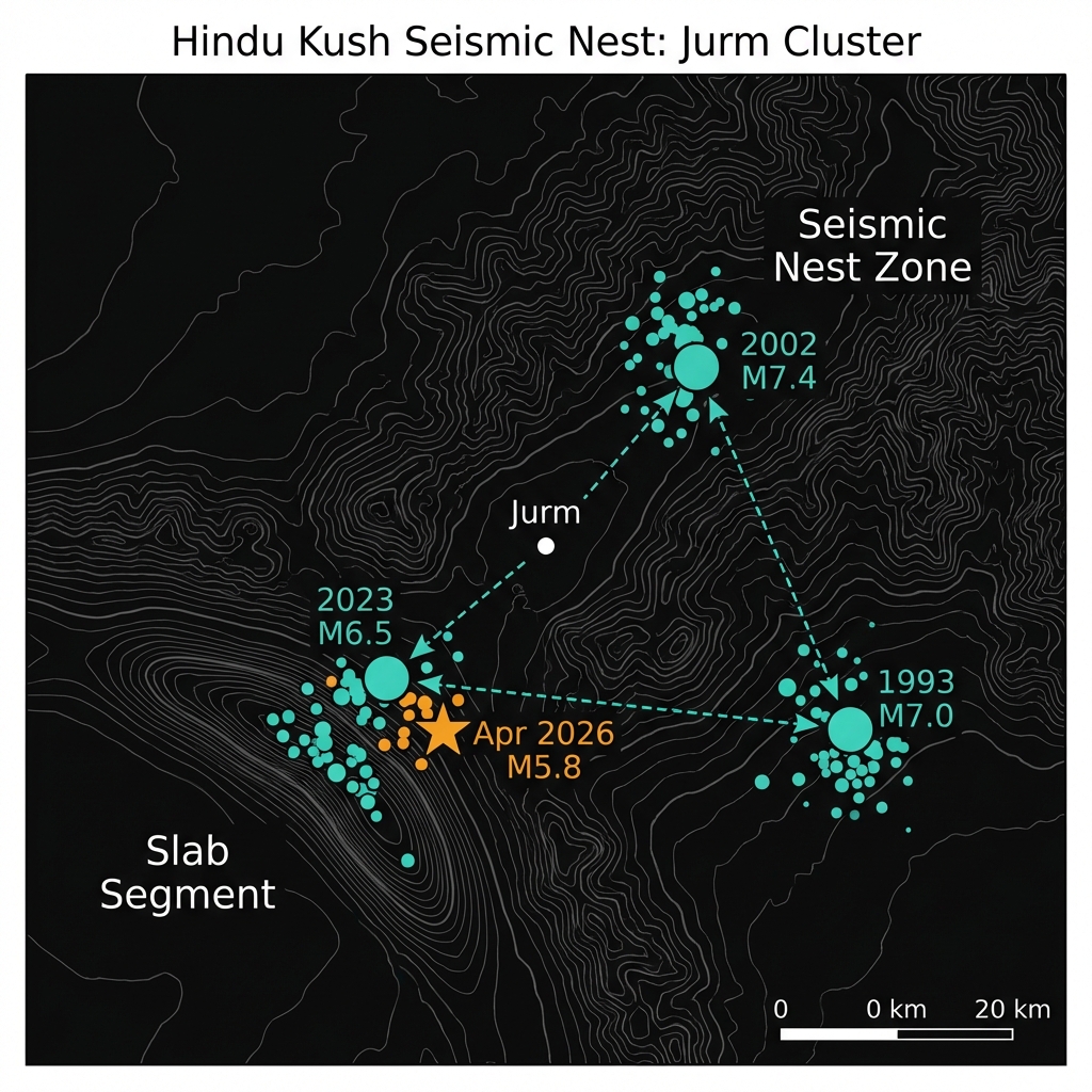 Map showing the cluster of historical earthquake epicenters near Jurm in the Hindu Kush seismic nest, highlighting the proximity of the 2026 event to previous major quakes.