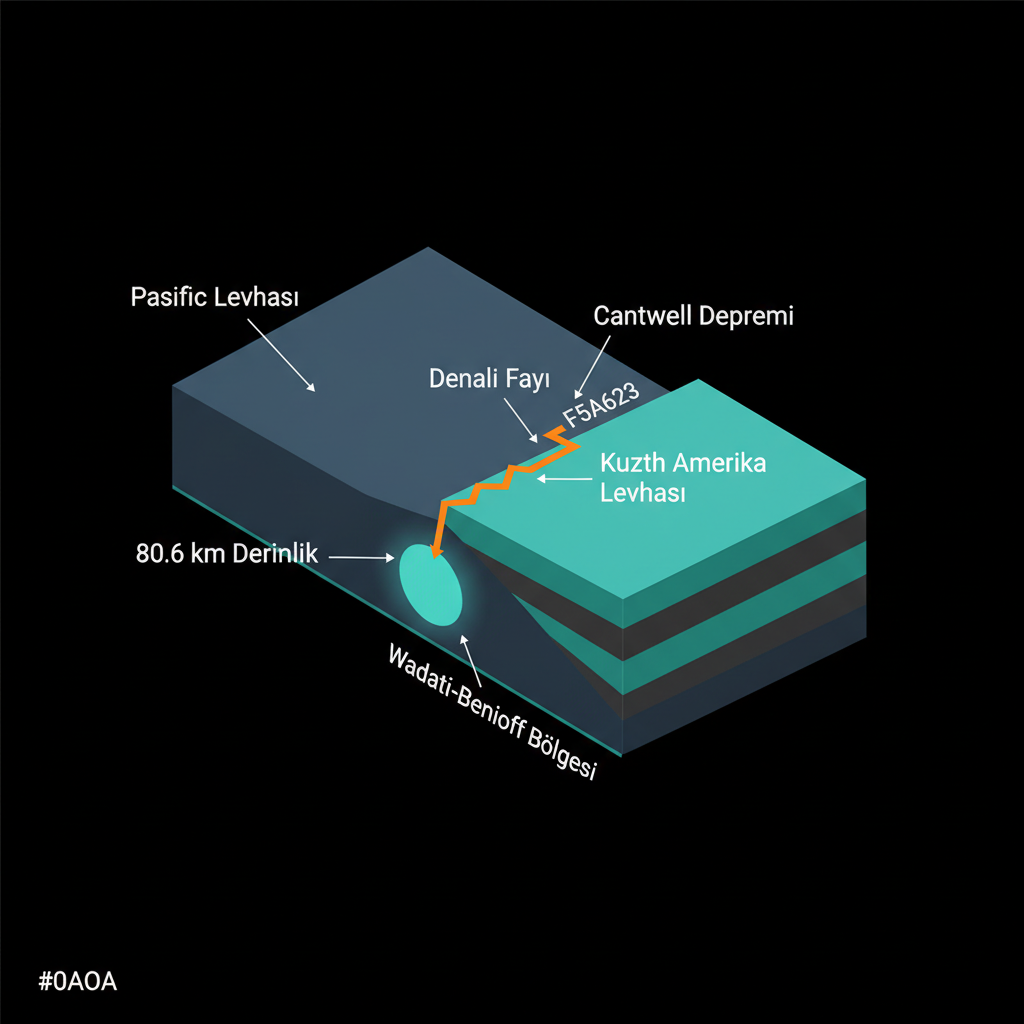 Scientific diagram showing the subduction zone cross-section with the Denali Fault near the surface and the deep Cantwell earthquake within the descending Pacific Plate