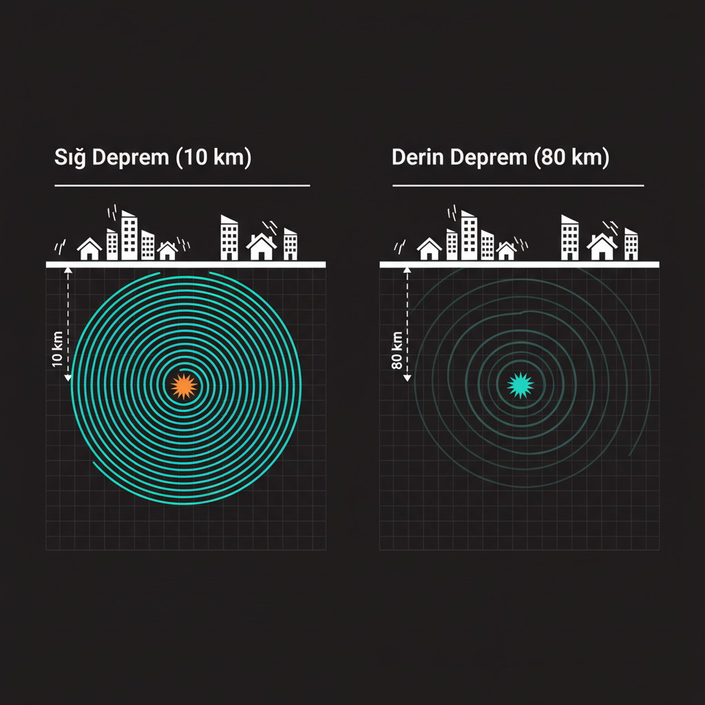 Diagram comparing how seismic waves from shallow versus deep earthquakes of the same magnitude dissipate differently as they travel to the surface