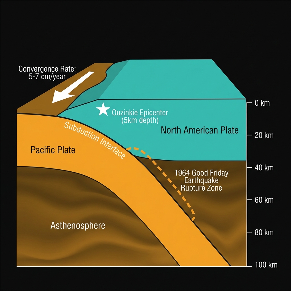 Cross-section diagram showing the Pacific Plate subducting beneath the North American Plate along the Alaska-Aleutian zone, marking the Ouzinkie epicenter and 1964 rupture zone