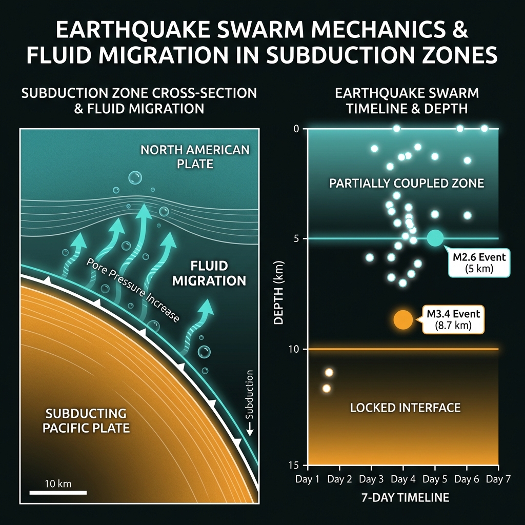 Diagram showing fluid migration in the subduction zone and a scatter plot of the 24 earthquake swarm events over seven days at varying depths