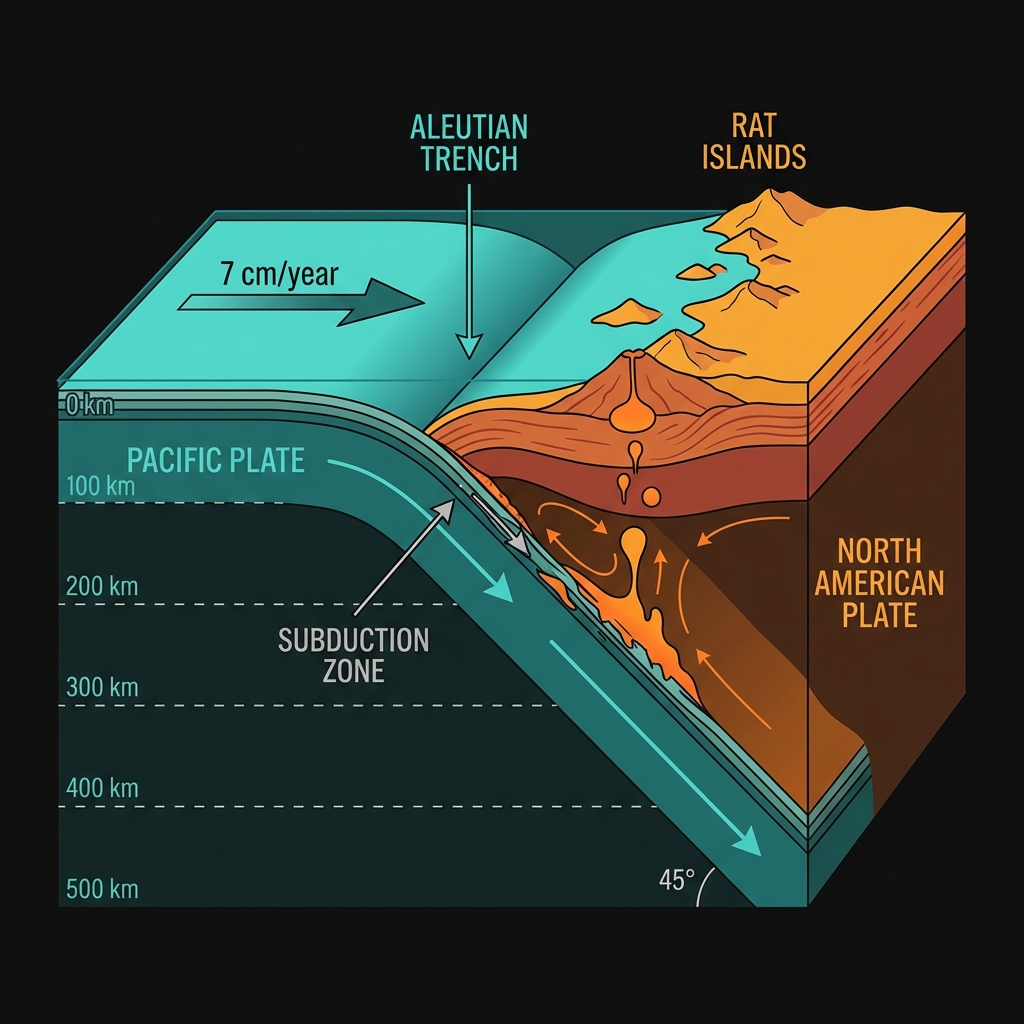 Cross-section diagram showing the Aleutian subduction zone with Pacific Plate diving beneath North American Plate