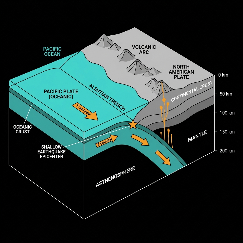 Diagram showing the Pacific Plate subducting beneath the North American Plate at the Aleutian Trench