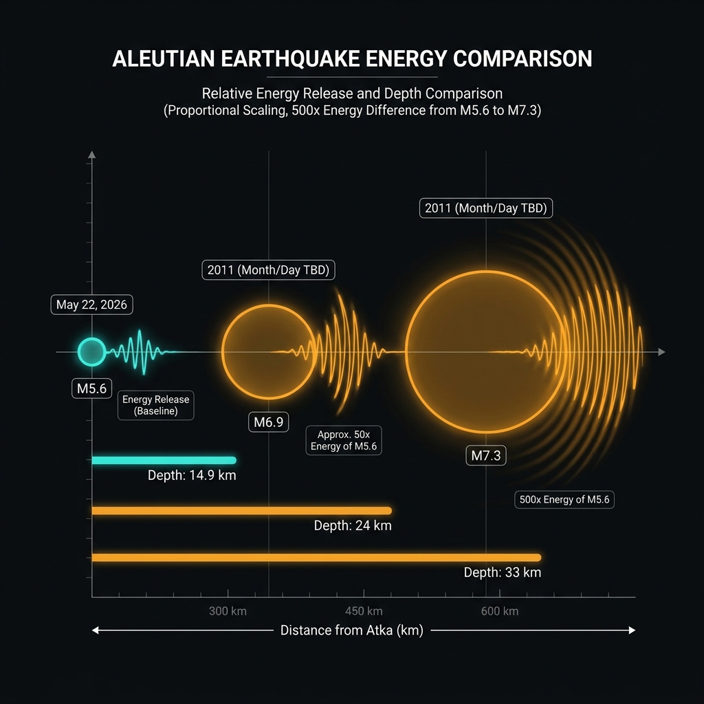 Infographic comparing the magnitude, energy release, and depth of the 2026 M5.6 earthquake with the 2011 M6.9 and M7.3 events