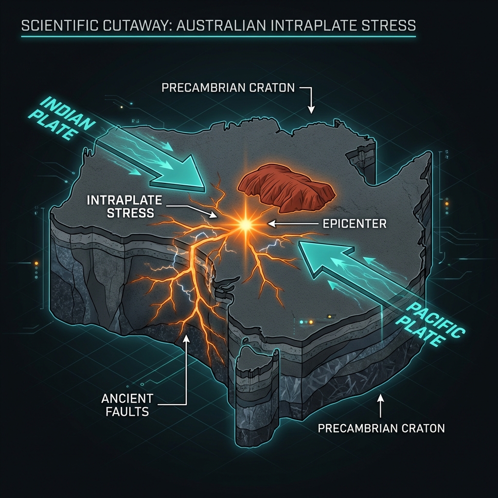 Diagram showing how distant Indian and Pacific plate boundaries create intraplate stress on ancient faults within the Australian craton.