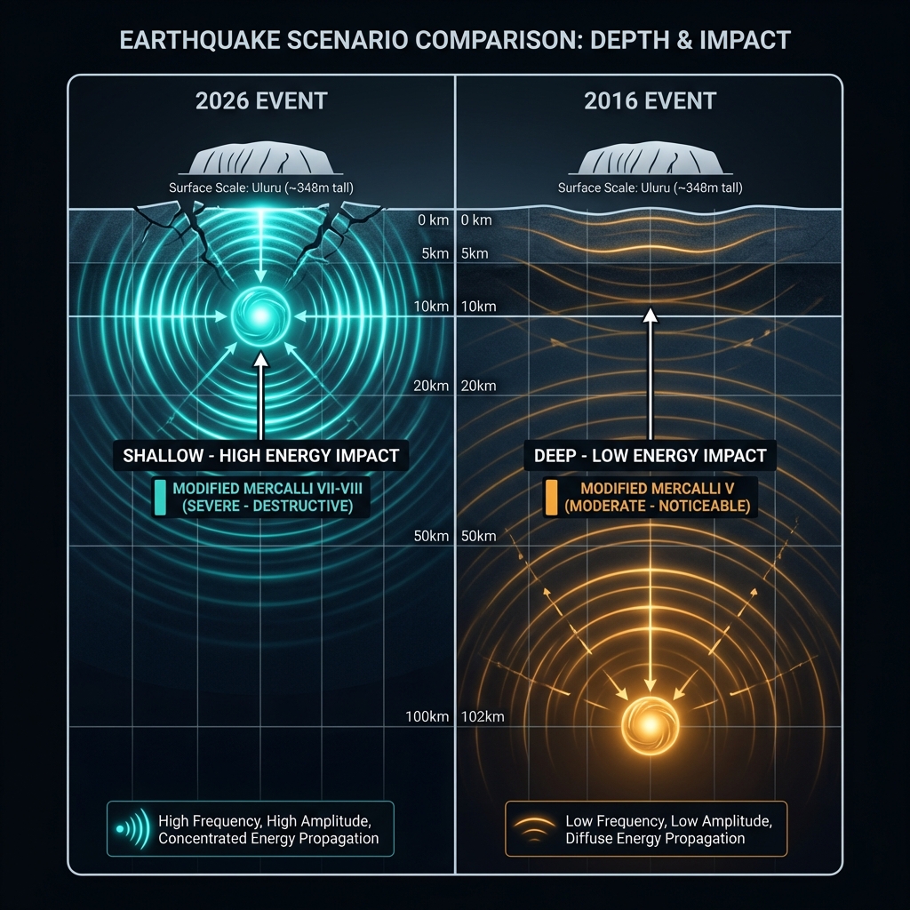 Cross-section diagram comparing the energy propagation of the shallow 2026 earthquake versus the deep 2016 earthquake, explaining intensity differences.