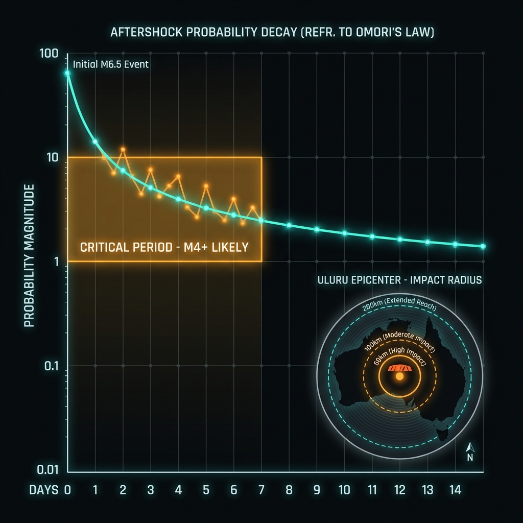 Aftershock probability forecast chart showing decay curve and critical 7-day period with impact radius map around Uluru.
