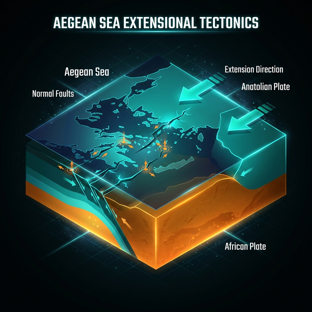 Tectonic diagram showing Anatolian and African plate interactions creating extensional tectonics with normal faults in the Aegean region