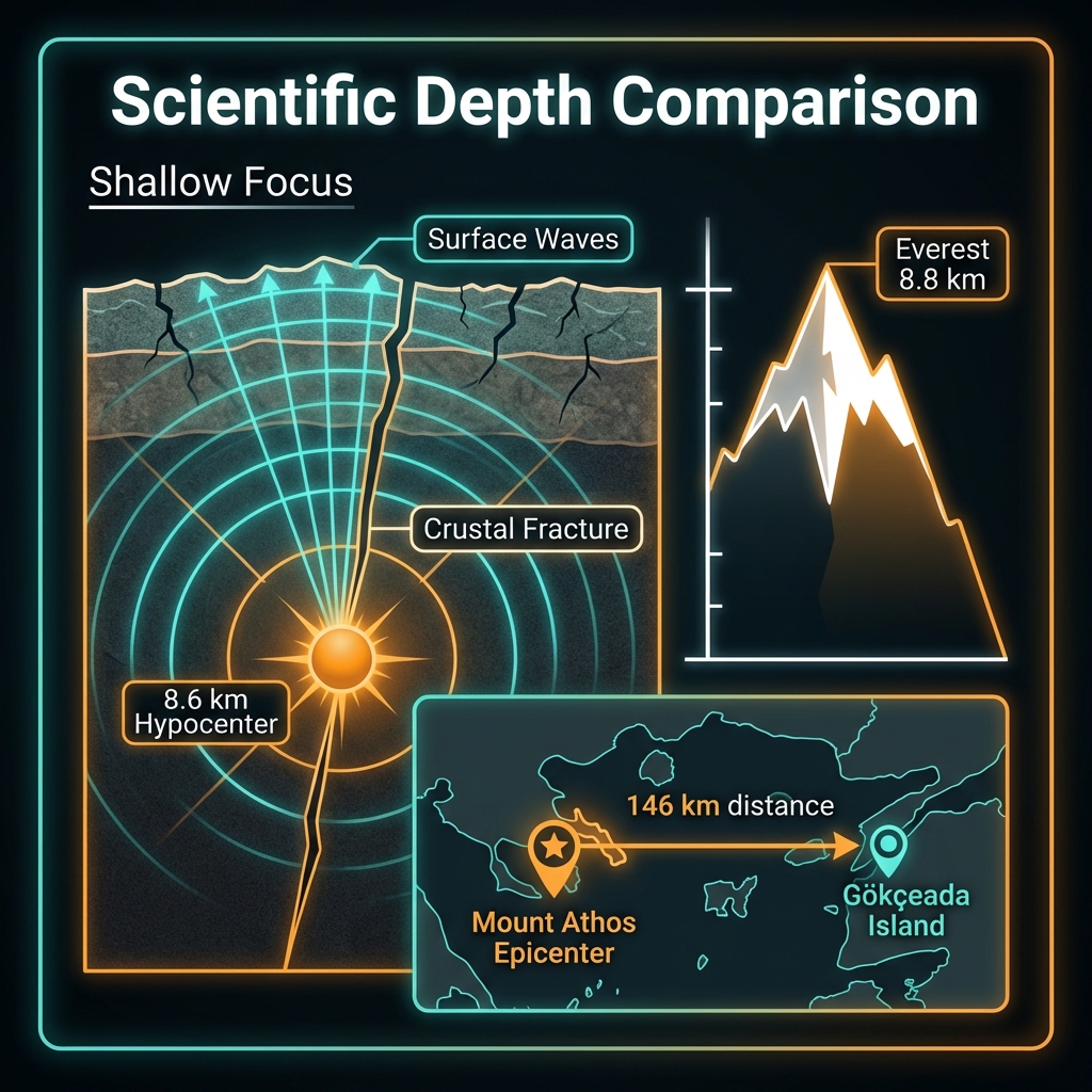 Diagram comparing the 8.6 km earthquake depth to Mount Everest's height and illustrating the 146 km distance to Gökçeada Island