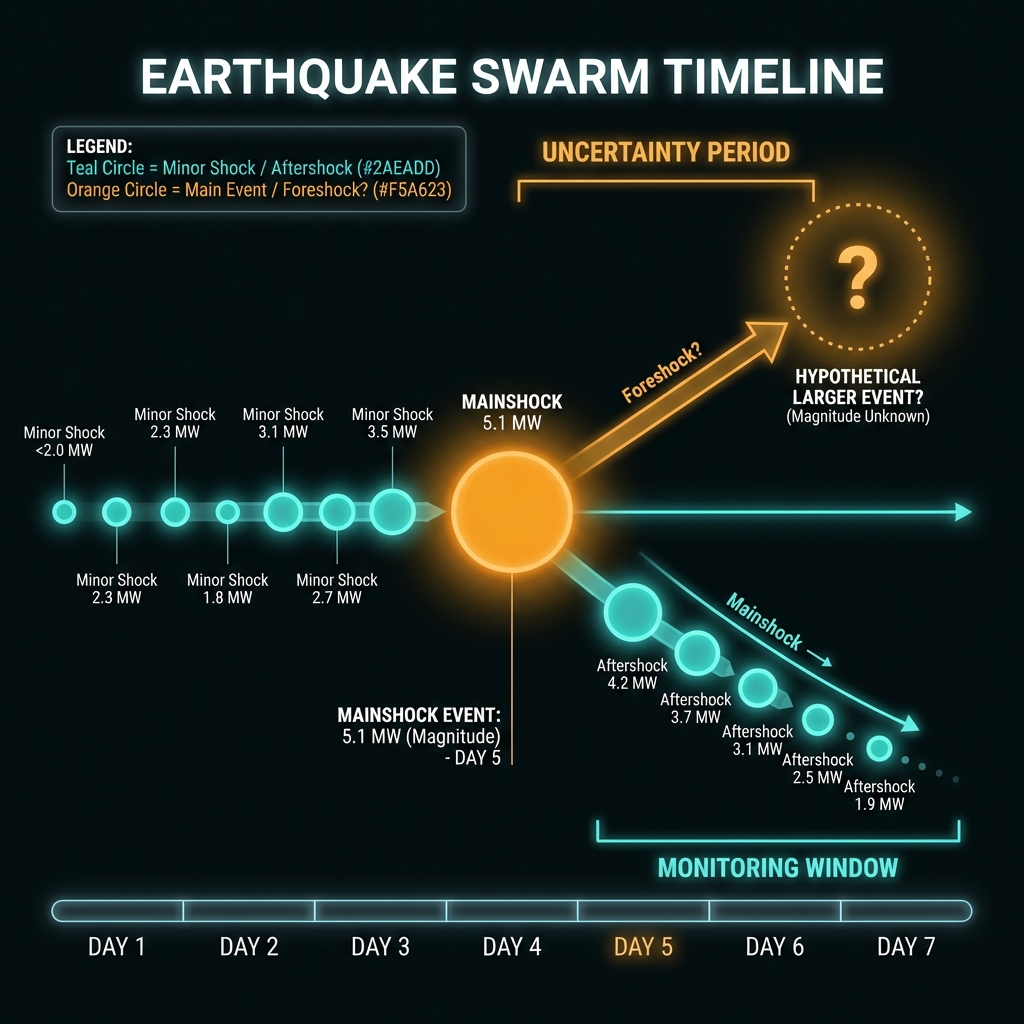 Timeline diagram illustrating earthquake swarm behavior with branching paths showing mainshock versus foreshock possibilities