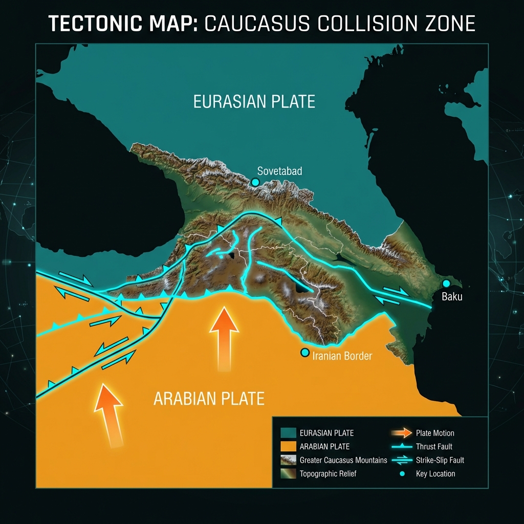 Tectonic map showing Arabian-Eurasian plate collision causing Caucasus earthquakes