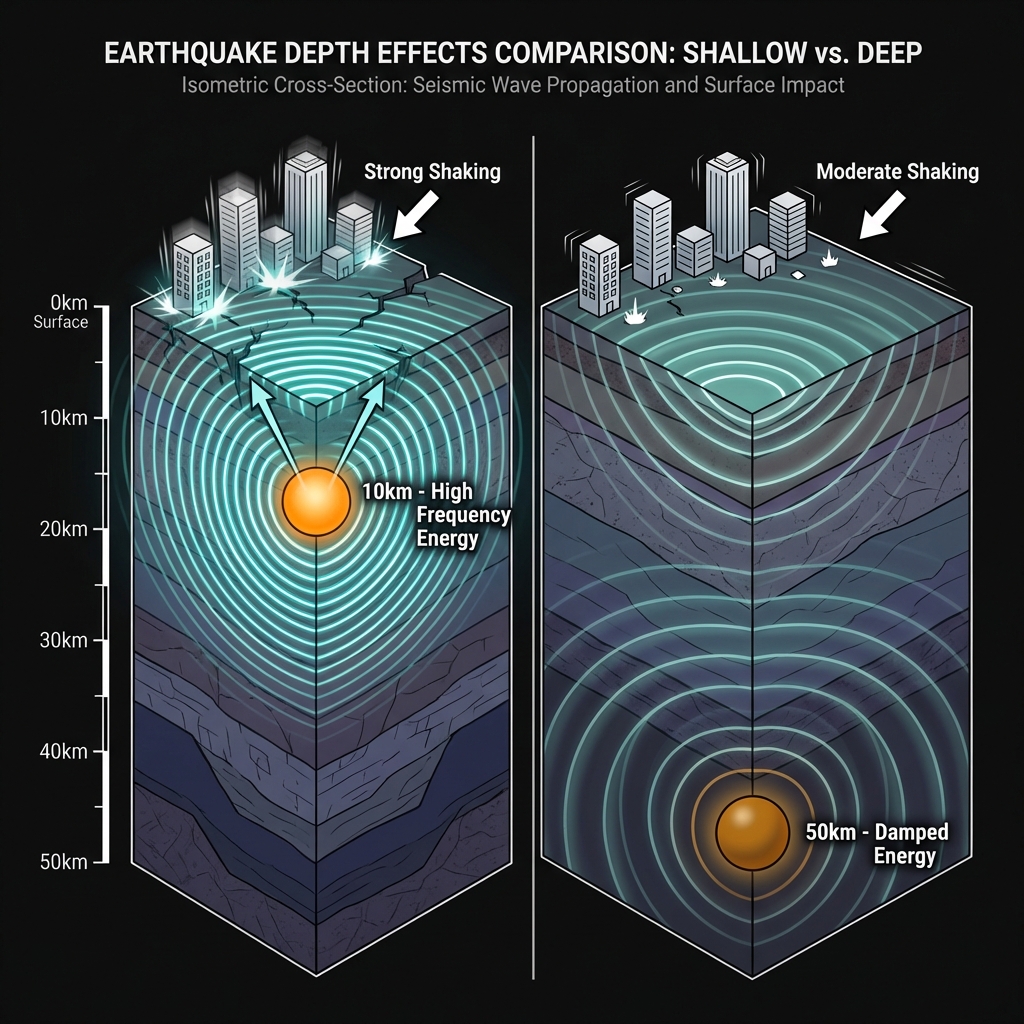 Diagram comparing shallow 10km and deep 50km earthquake energy transmission to surface