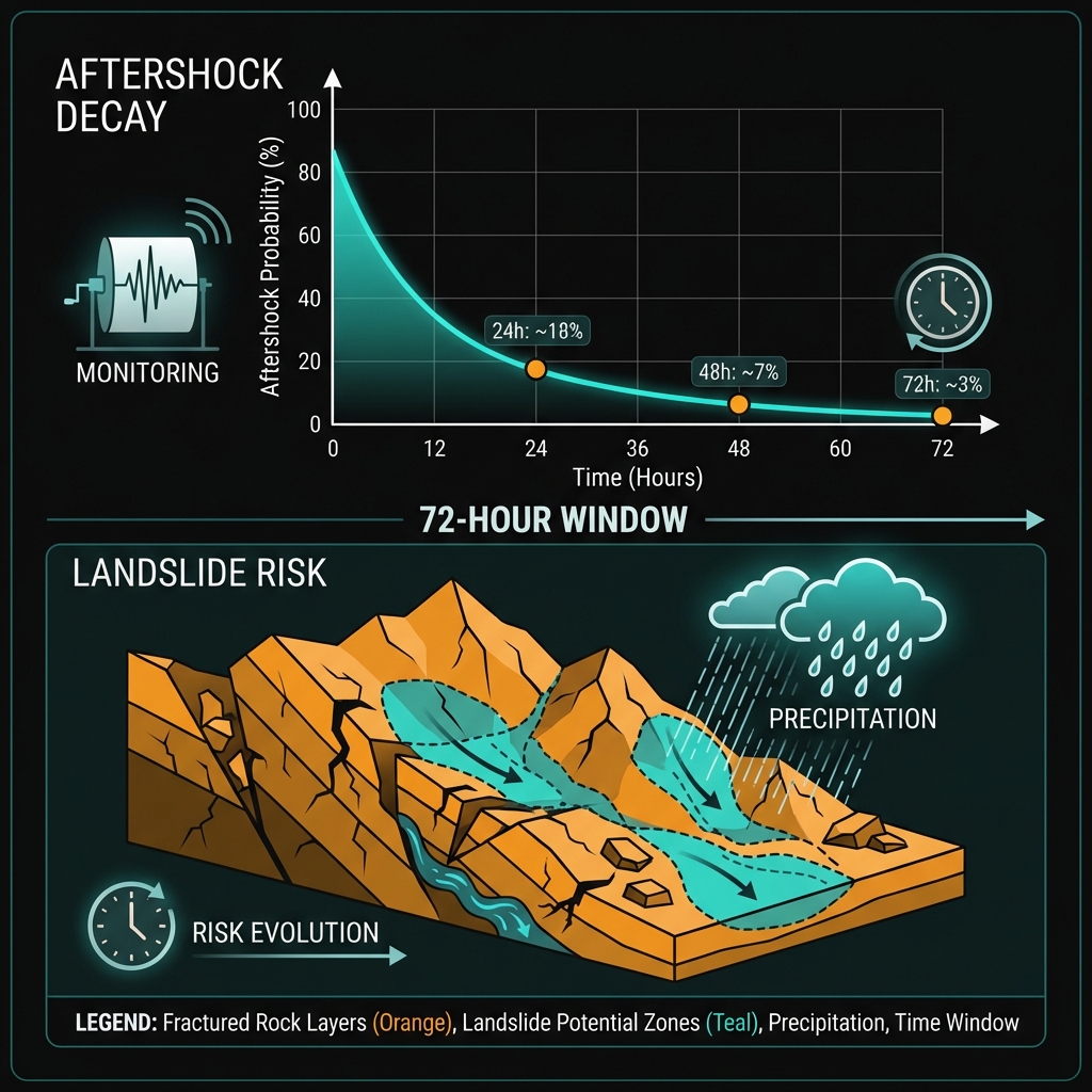 Chart showing 72-hour aftershock probability decay and landslide risk factors