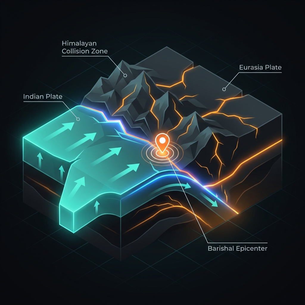 Tectonic diagram showing Indian and Eurasian plate collision at the Himalayan belt with Barishal location marked
