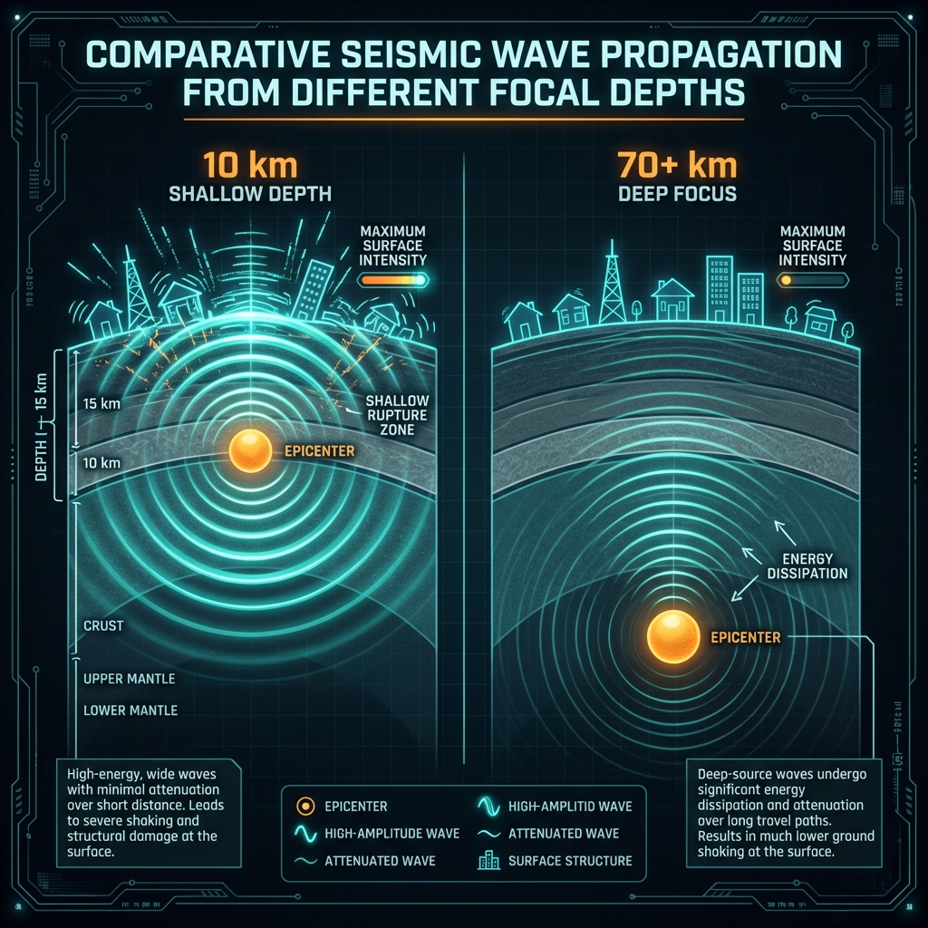 Diagram comparing shallow 10km earthquake energy transmission versus deep focus attenuation