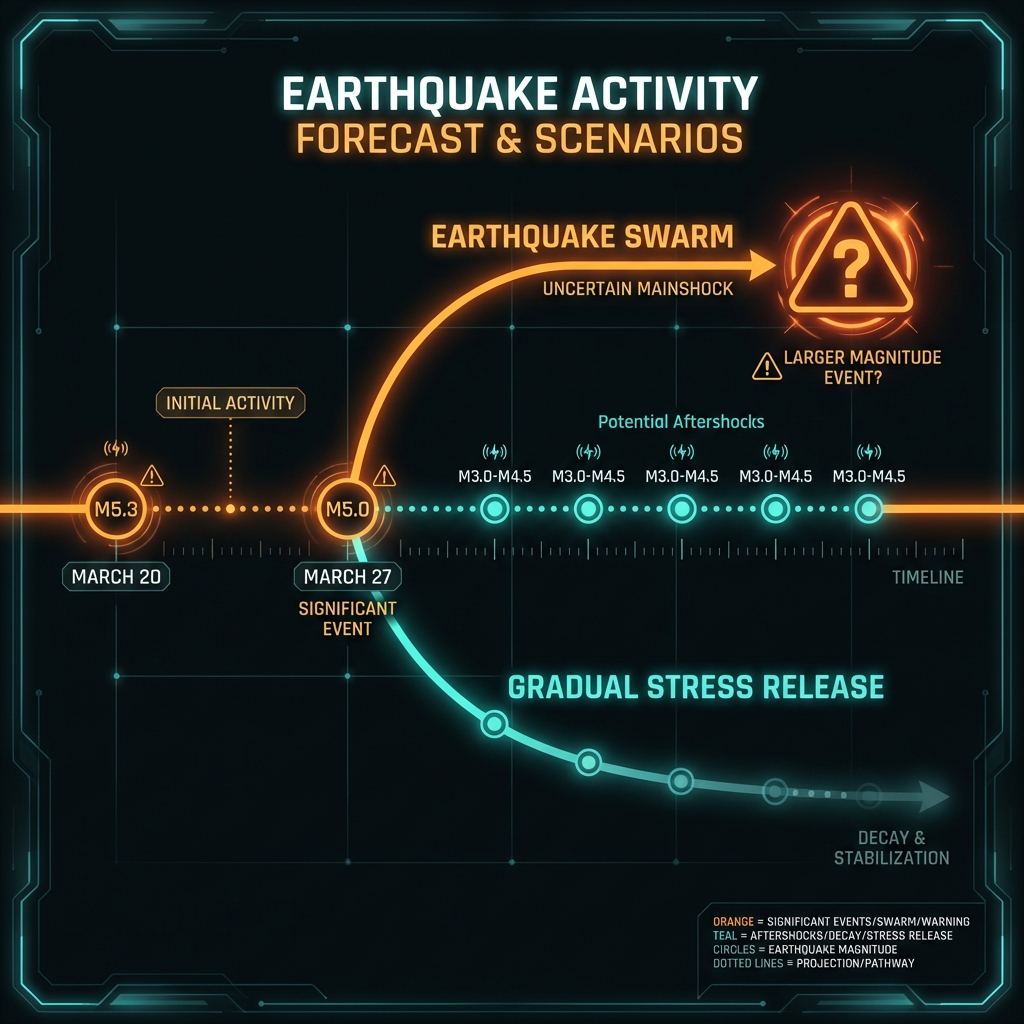 Timeline diagram showing earthquake swarm pattern with March 2026 Barishal events and potential future scenarios
