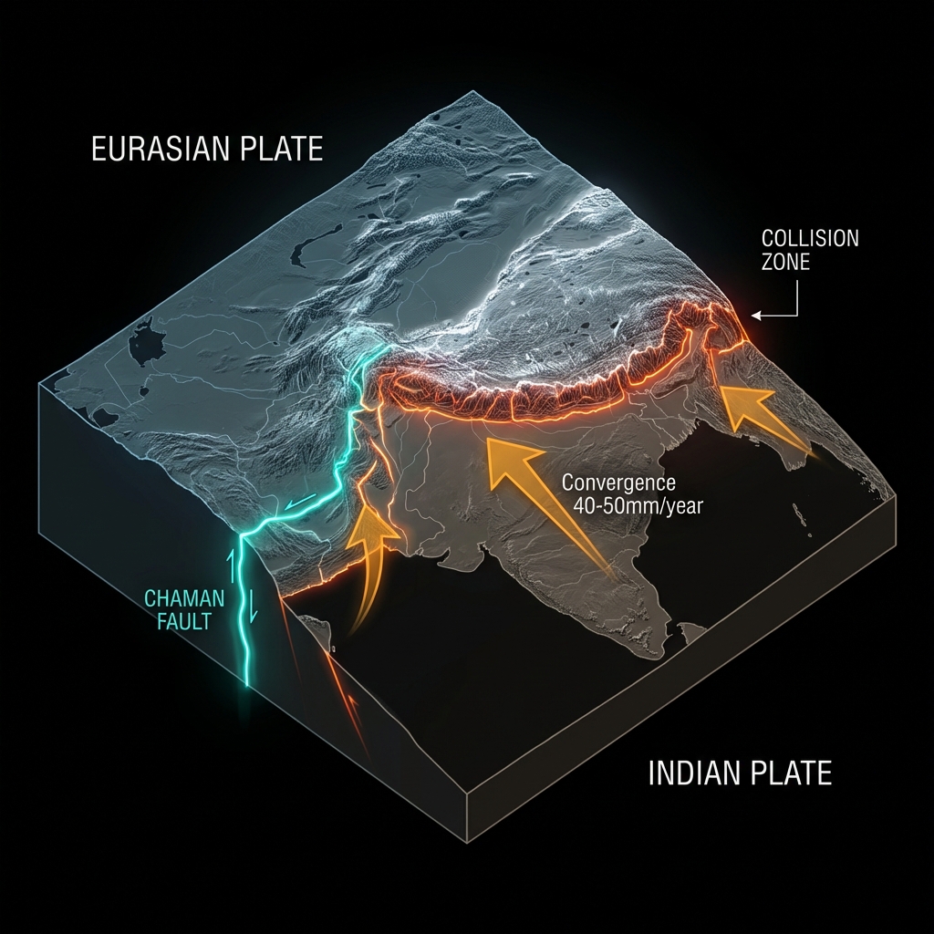 Tectonic diagram showing Indian and Eurasian plate collision with Chaman Fault Line highlighted through Balochistan