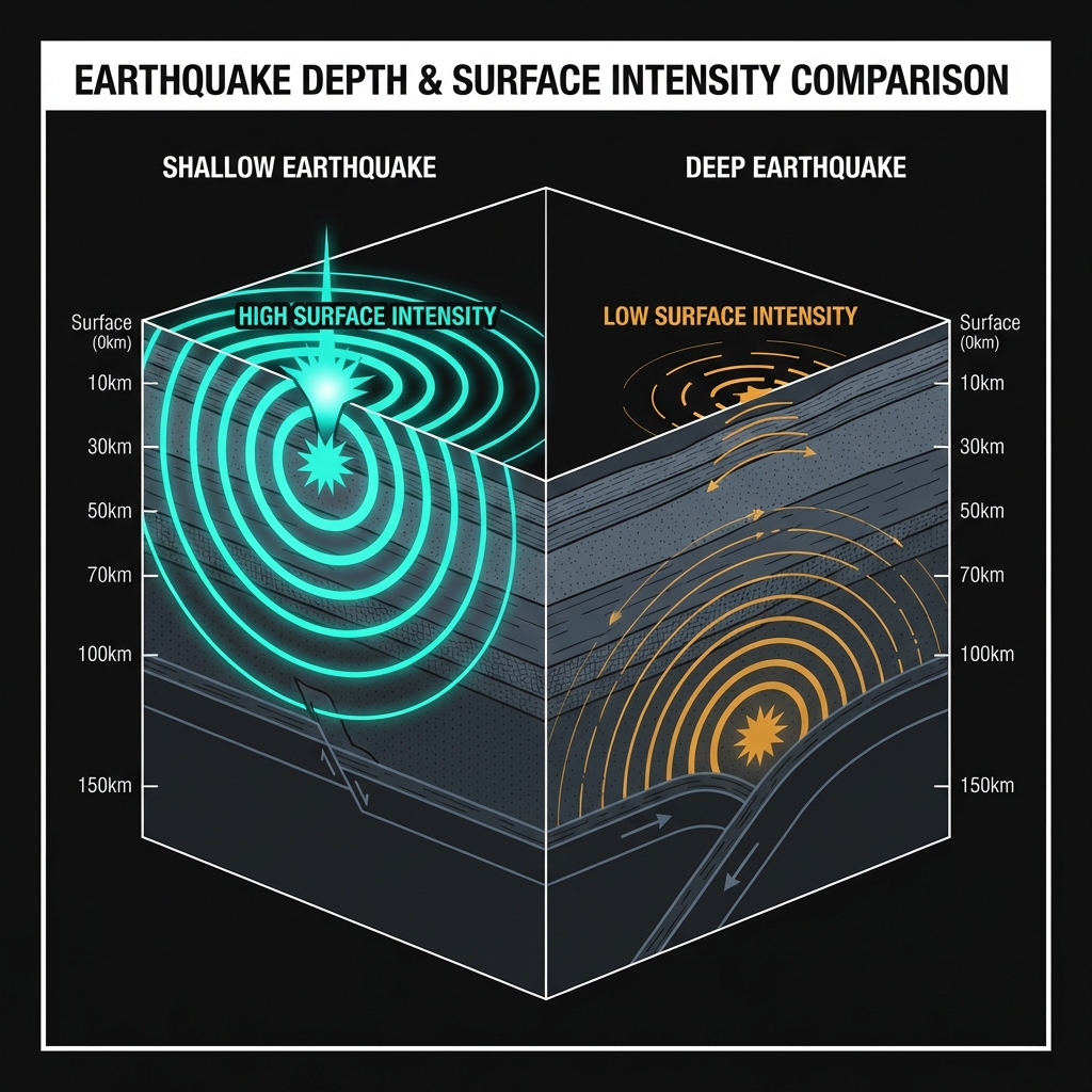 Diagram comparing shallow versus deep earthquake energy propagation showing intensity differences at surface level