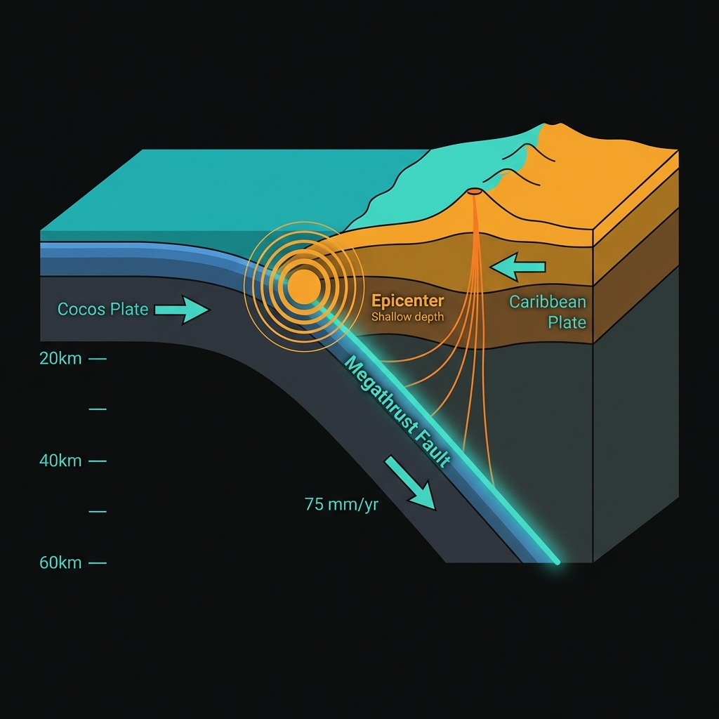 Cross-section diagram showing the Cocos Plate subducting beneath the Caribbean Plate at the Middle America Trench, with depth markers and plate movement directions