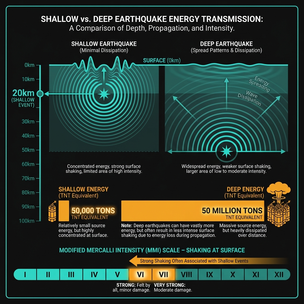 Diagram comparing shallow earthquake energy transmission at 20km depth versus deeper events, showing intensity scales and energy equivalents