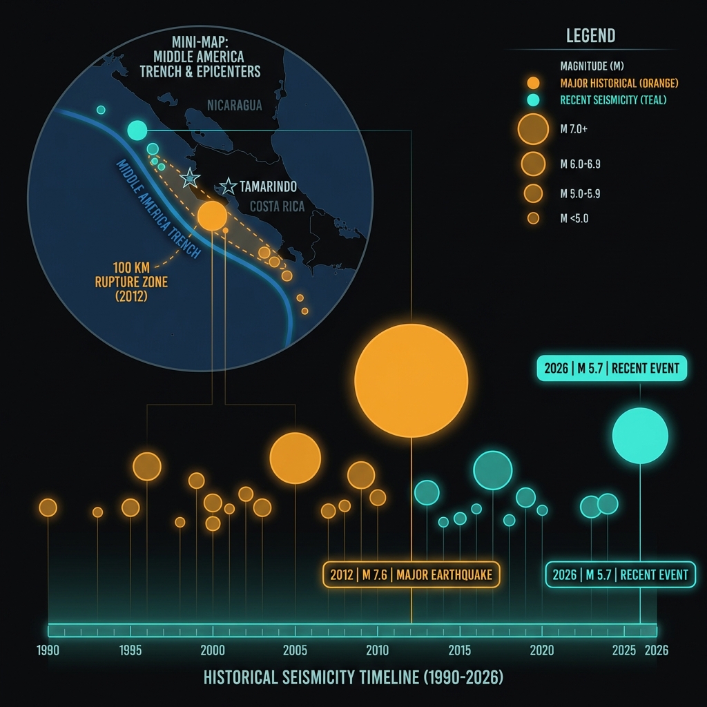Timeline and map showing historical earthquakes in the Costa Rica subduction zone from 1990-2026, with magnitude comparisons and geographic locations