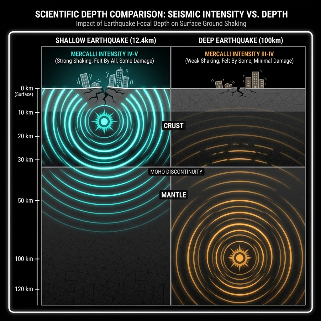 Diagram comparing shallow versus deep earthquake focal depths, showing energy attenuation differences and surface intensity levels