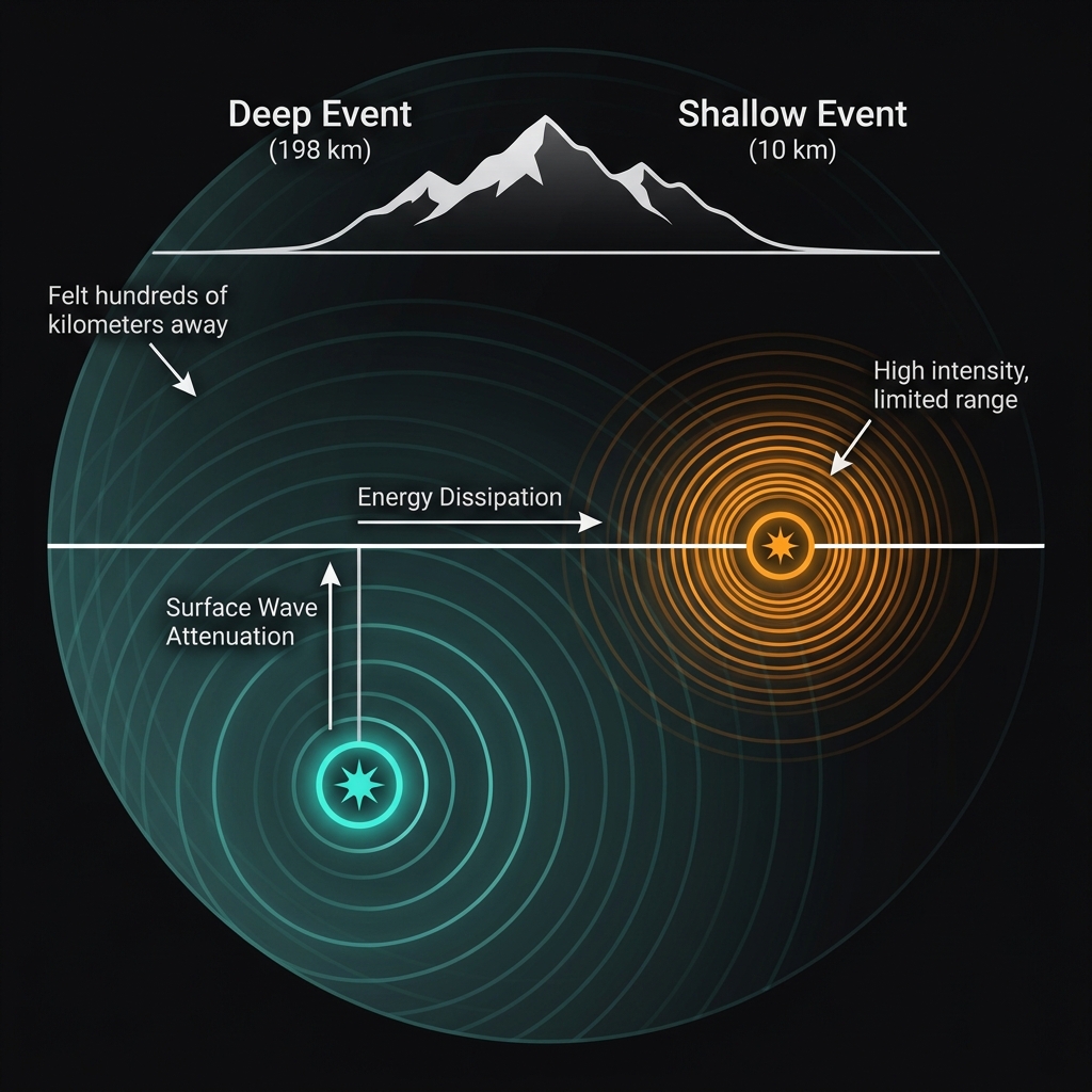Infographic comparing how seismic waves from a 200km deep earthquake spread over a wide area versus concentrated shaking from a shallow earthquake