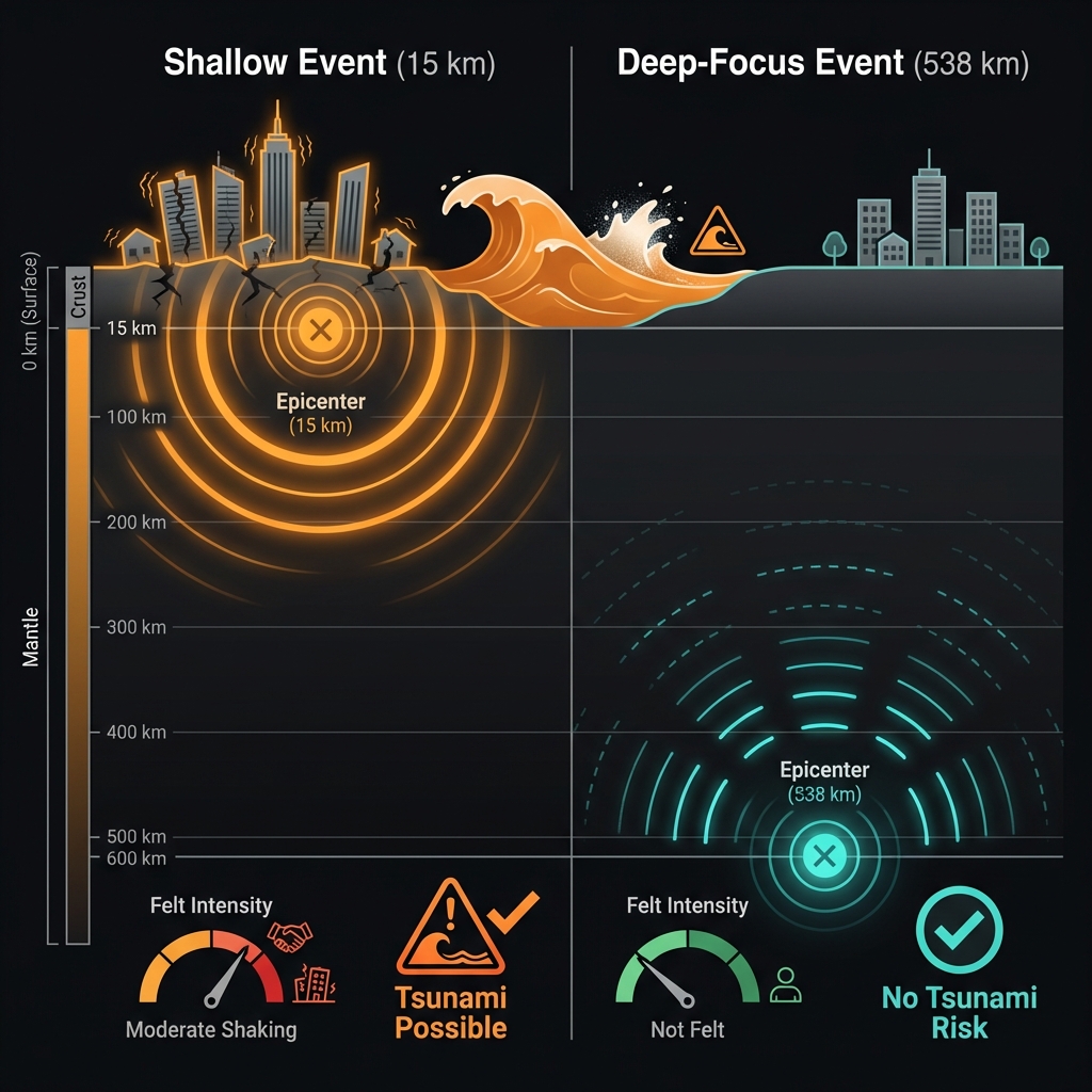 Comparison diagram showing how seismic waves from deep earthquakes dissipate before reaching the surface unlike shallow earthquakes