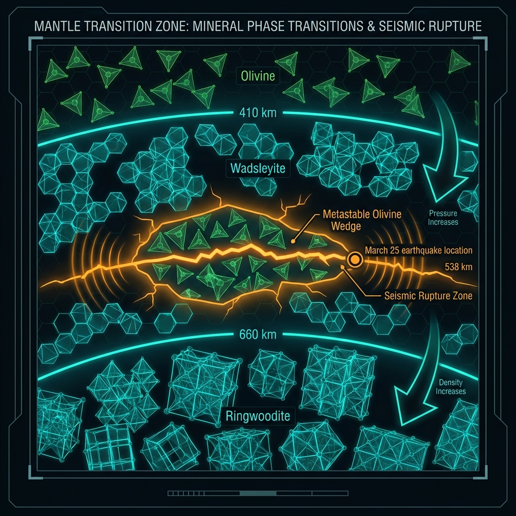 Scientific diagram of mineral phase transitions from olivine to wadsleyite and ringwoodite in the mantle transition zone showing the metastable wedge