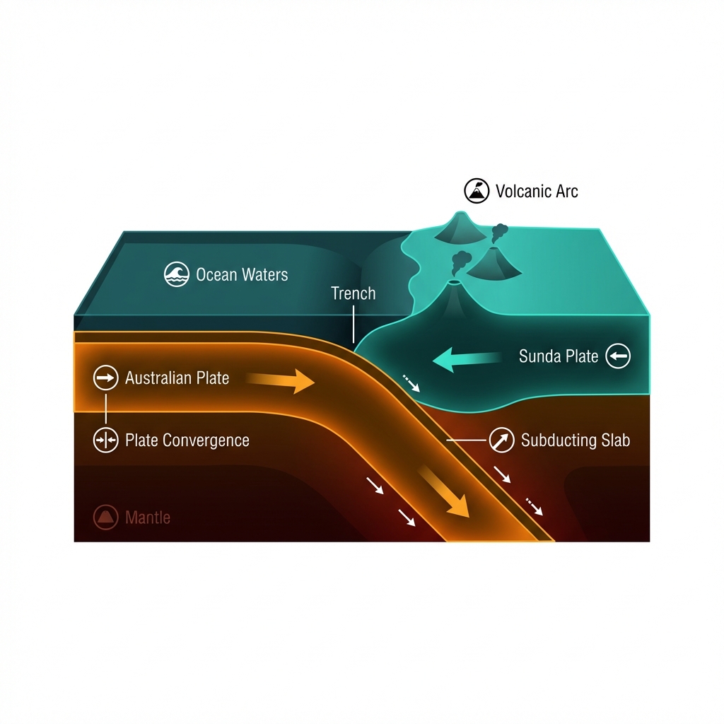 Tectonic cross-section diagram showing the Australian Plate subducting beneath the Sunda Plate in the Flores Sea region