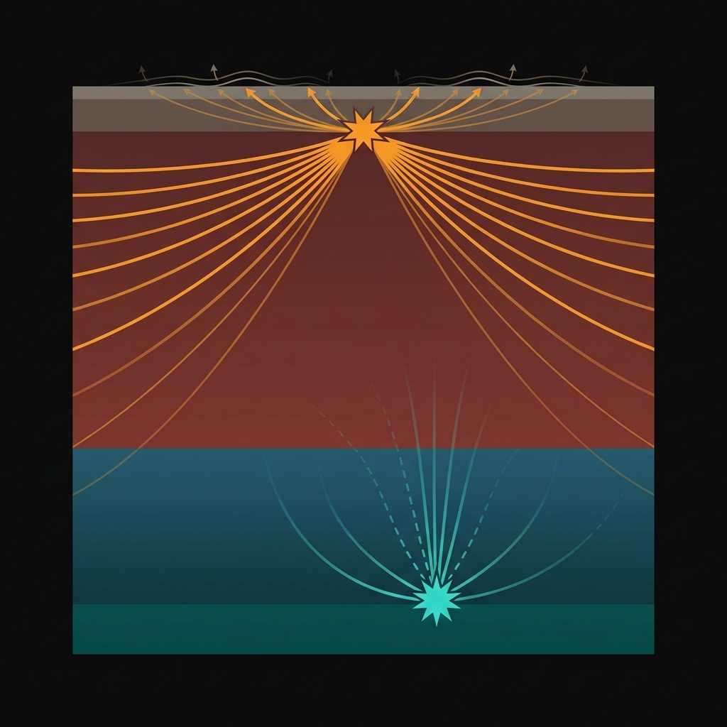 Diagram comparing seismic wave propagation from shallow versus deep earthquake hypocenters in the mantle