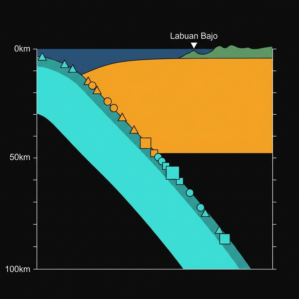 Diagram highlighting the shallow locked seismic zone versus deeper plate segments in the Flores Sea subduction zone