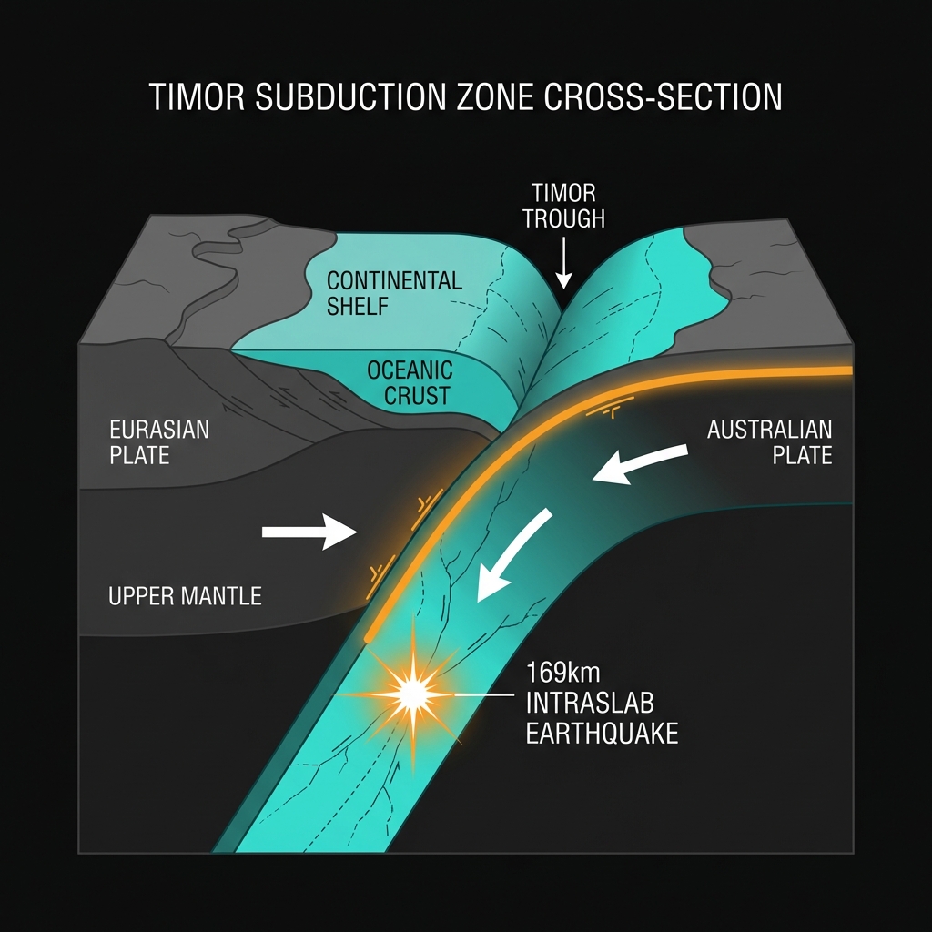 Cross-section diagram of the Timor subduction zone showing the Australian Plate diving beneath the Eurasian Plate with the deep earthquake location marked