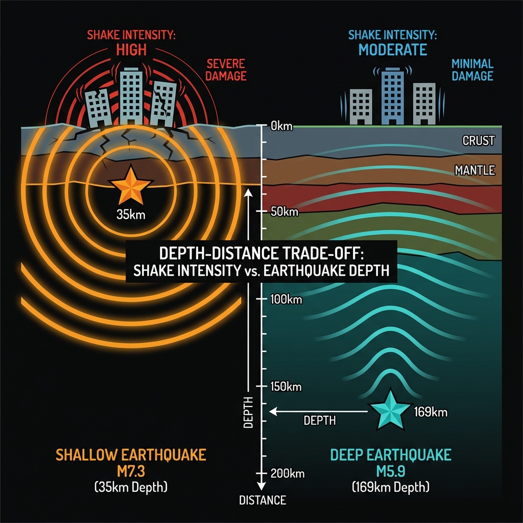 Comparison diagram illustrating how earthquake depth affects surface shaking intensity between shallow and deep seismic events