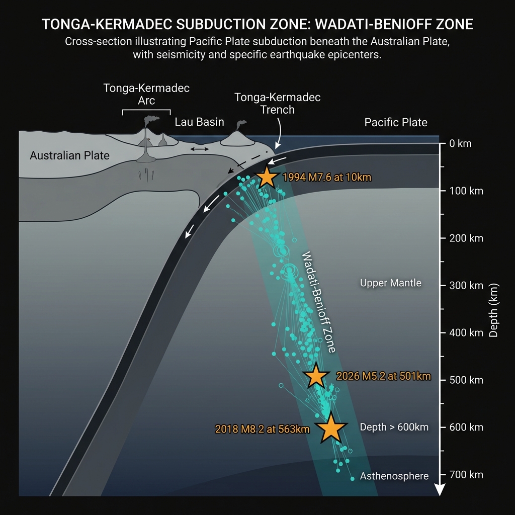 Cross-section diagram of the Tonga-Kermadec subduction zone showing the descending Pacific Plate and locations of deep-focus earthquakes including the 2018 and 2026 events.