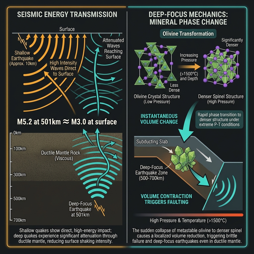 Diagram comparing energy attenuation between shallow and deep earthquakes and illustrating the olivine-to-spinel mineral phase change mechanism at extreme depths.