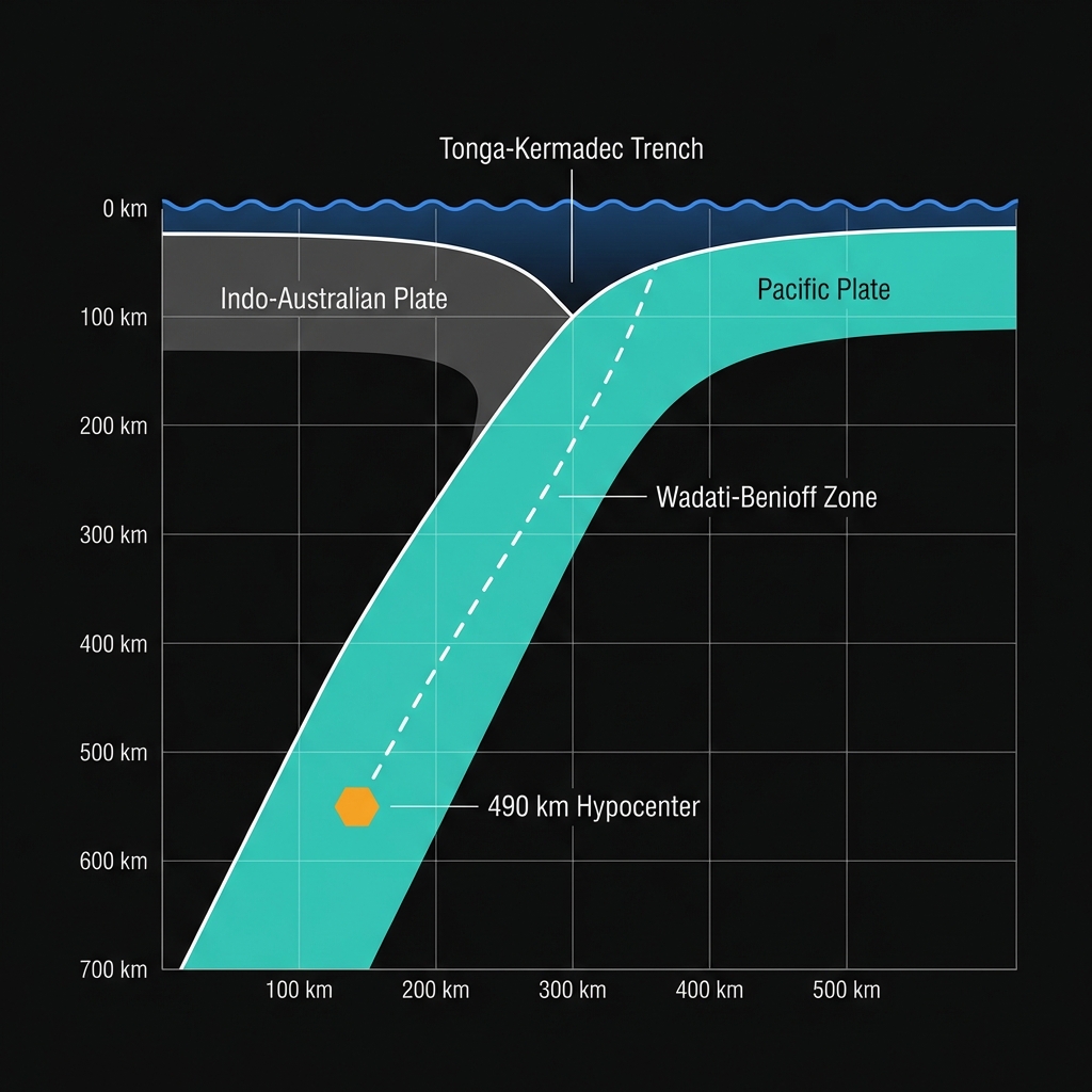 Diagram showing the Pacific Plate subducting beneath the Indo-Australian Plate with the earthquake location marked at 490km depth within the descending slab