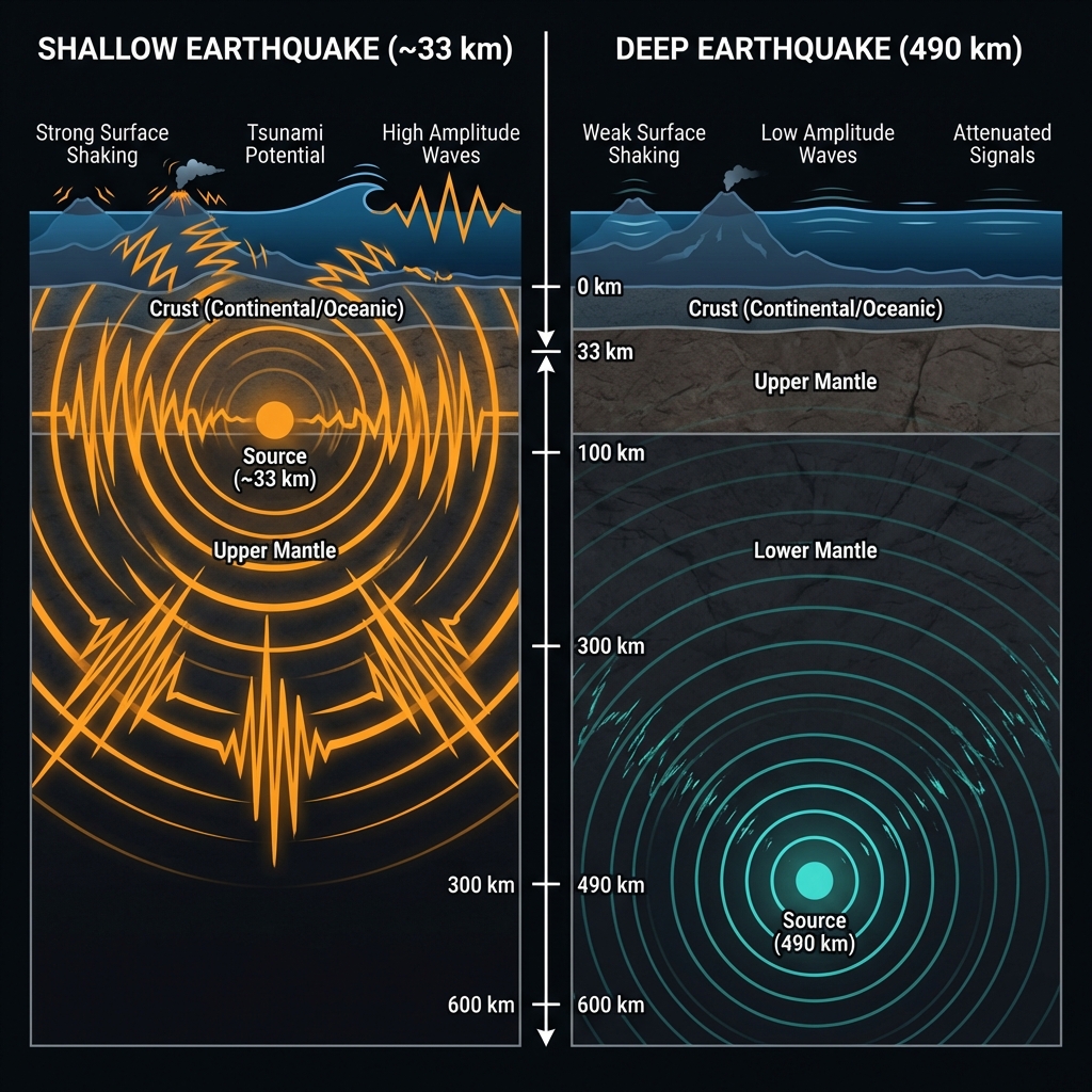 Comparison diagram showing how seismic waves from a shallow earthquake reach the surface with strong force while waves from a 490km deep earthquake dissipate before reaching the surface