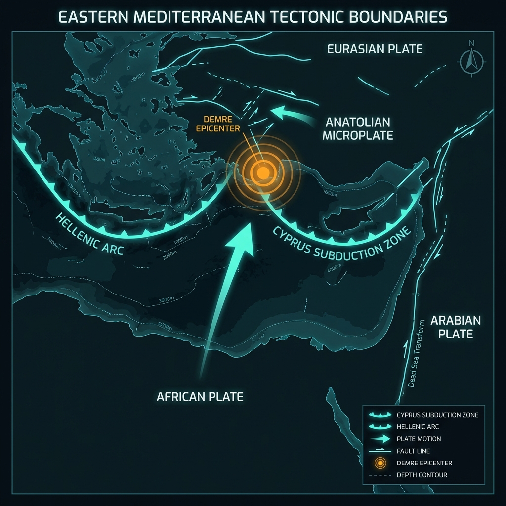 Tectonic map showing African and Anatolian plate interaction with Cyprus subduction zone near Demre