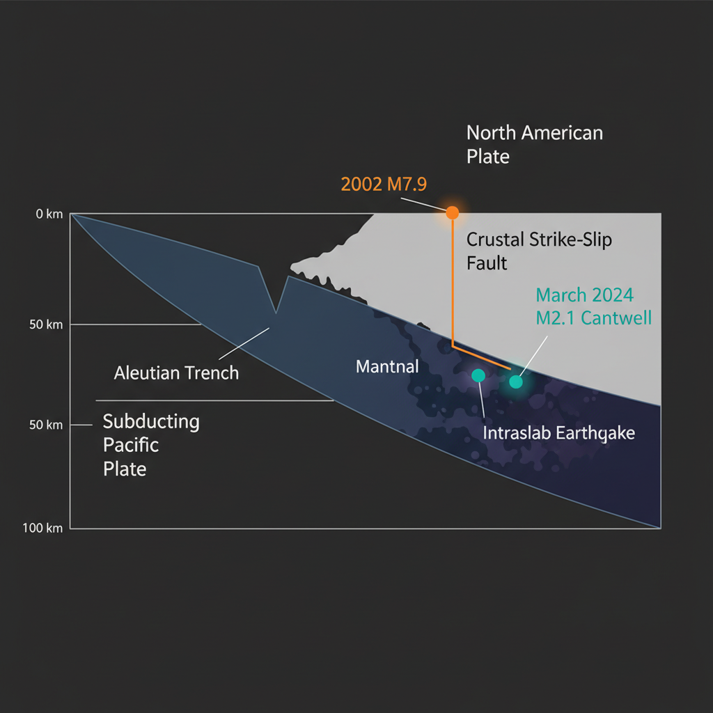 Diagram showing the subduction of the Pacific Plate beneath Alaska, marking the shallow 2002 earthquake and the deep 2024 Cantwell earthquake within the descending slab