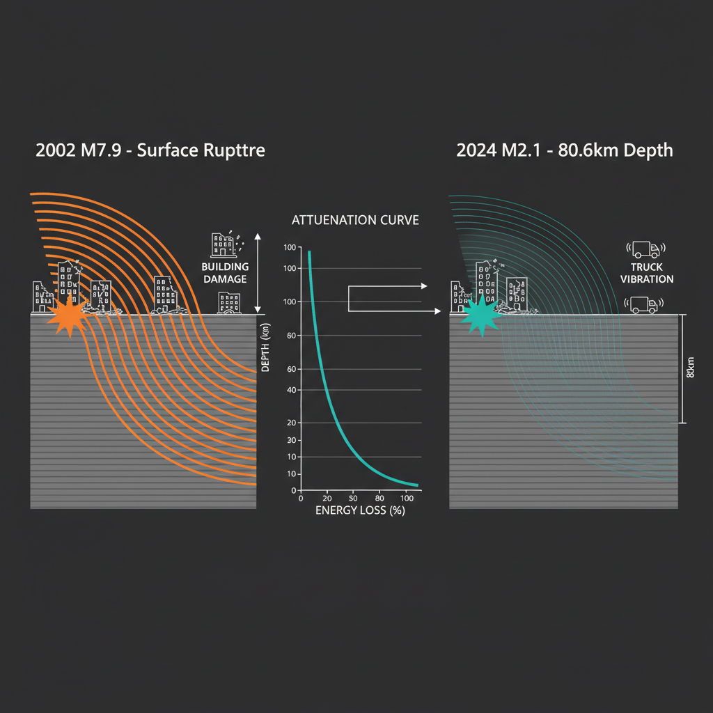 Diagram comparing how seismic waves from shallow versus deep earthquakes attenuate through the crust, explaining why the deep M2.1 event was imperceptible at the surface