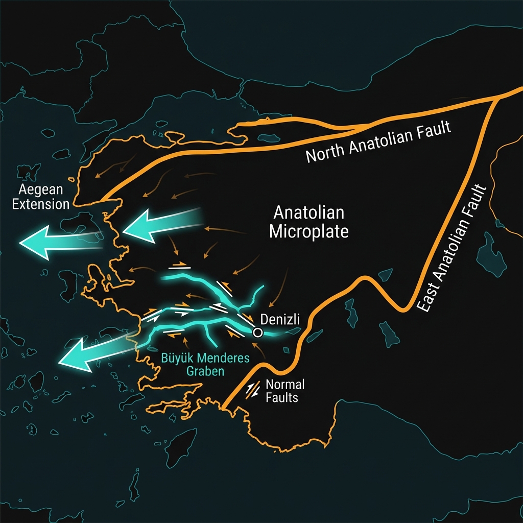 Tectonic map showing the Aegean extension, Anatolian microplate movement, and Büyük Menderes Graben location