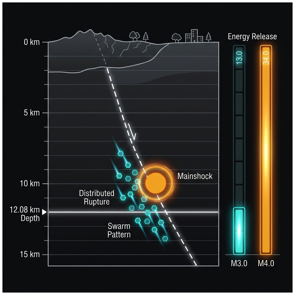 Cross-section diagram showing earthquake depth at 12.08km, swarm pattern distribution, and magnitude energy comparison