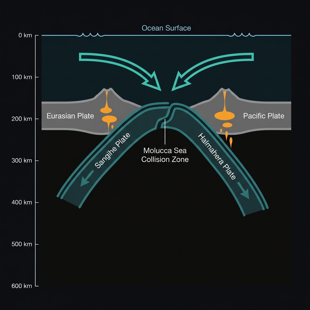 Diagram showing the double subduction zone of the Molucca Sea with Sangihe and Halmahera plates