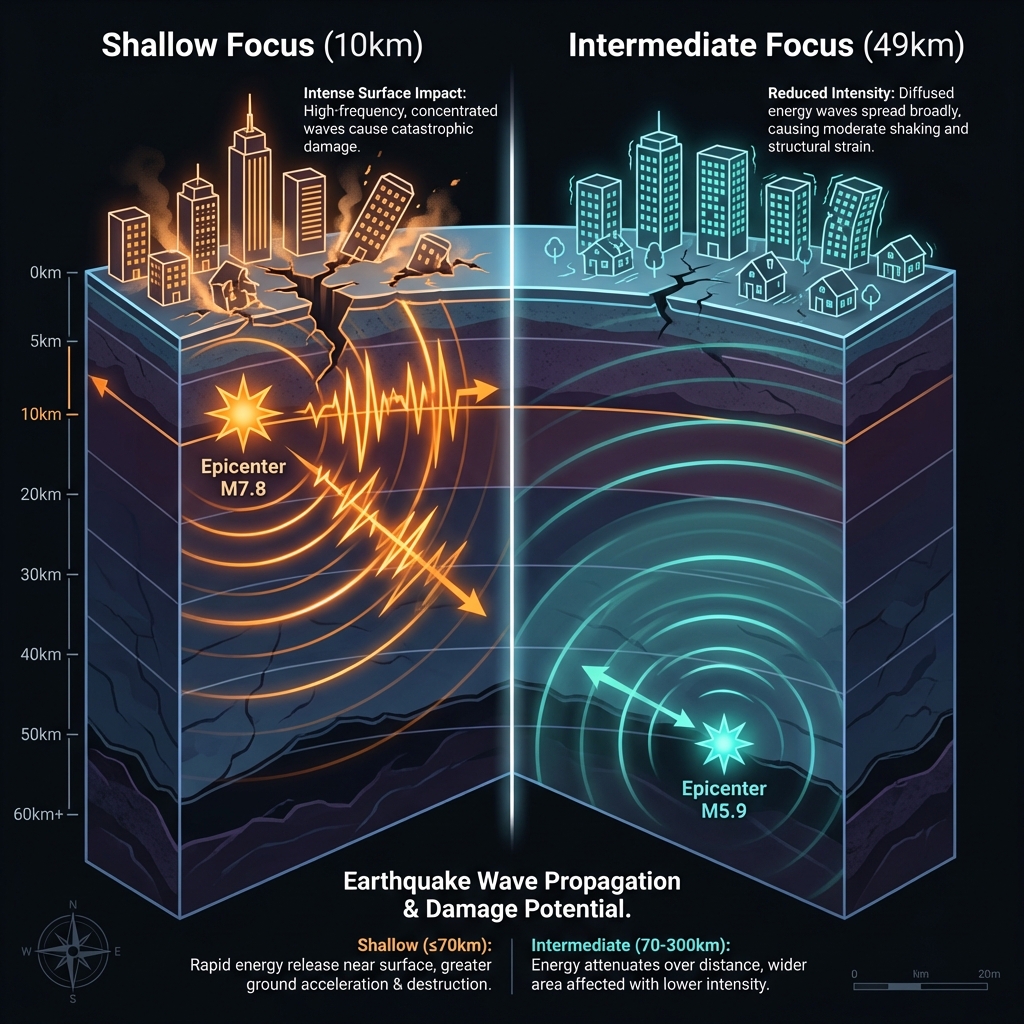Comparison diagram showing energy dispersion differences between shallow 10km and intermediate 49km earthquakes