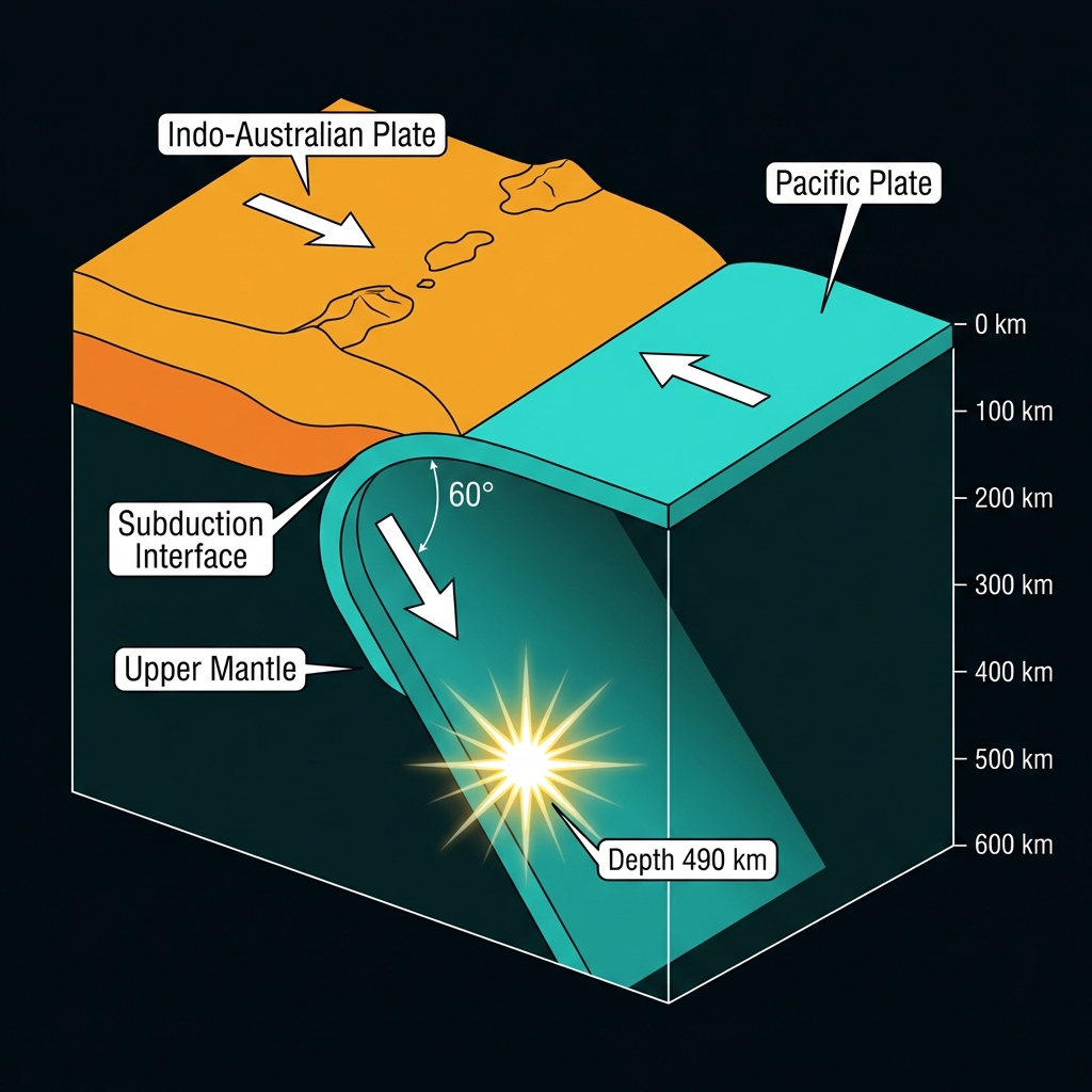 Diagram showing the Pacific Plate subducting beneath the Indo-Australian Plate with the earthquake location at 490km depth