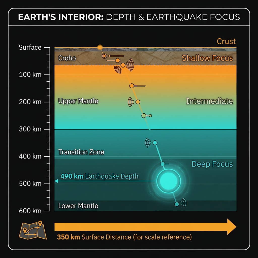 Infographic comparing the 490km earthquake depth to surface distances and showing Earth's internal layers